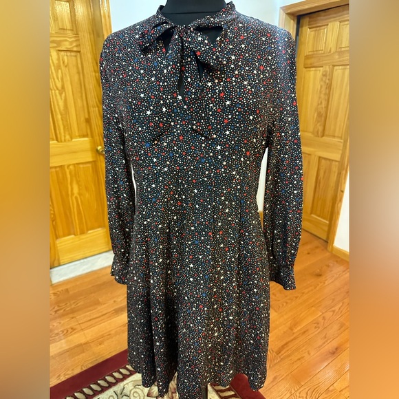 Madewell multicolor A-line star night print Dress with Bishop Sleeves 💯 Silk - Picture 6 of 15